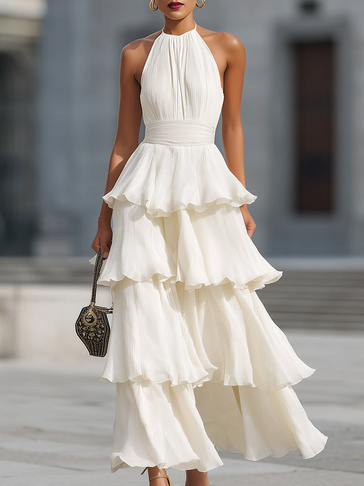 Muse & Valeur | Halter Neck Tiered Pleated Chiffon Maxi Dress