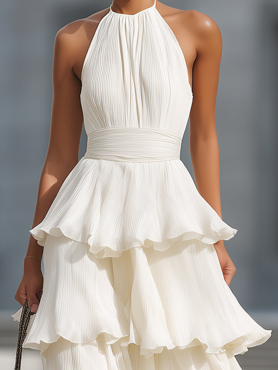 Muse & Valeur | Halter Neck Tiered Pleated Chiffon Maxi Dress