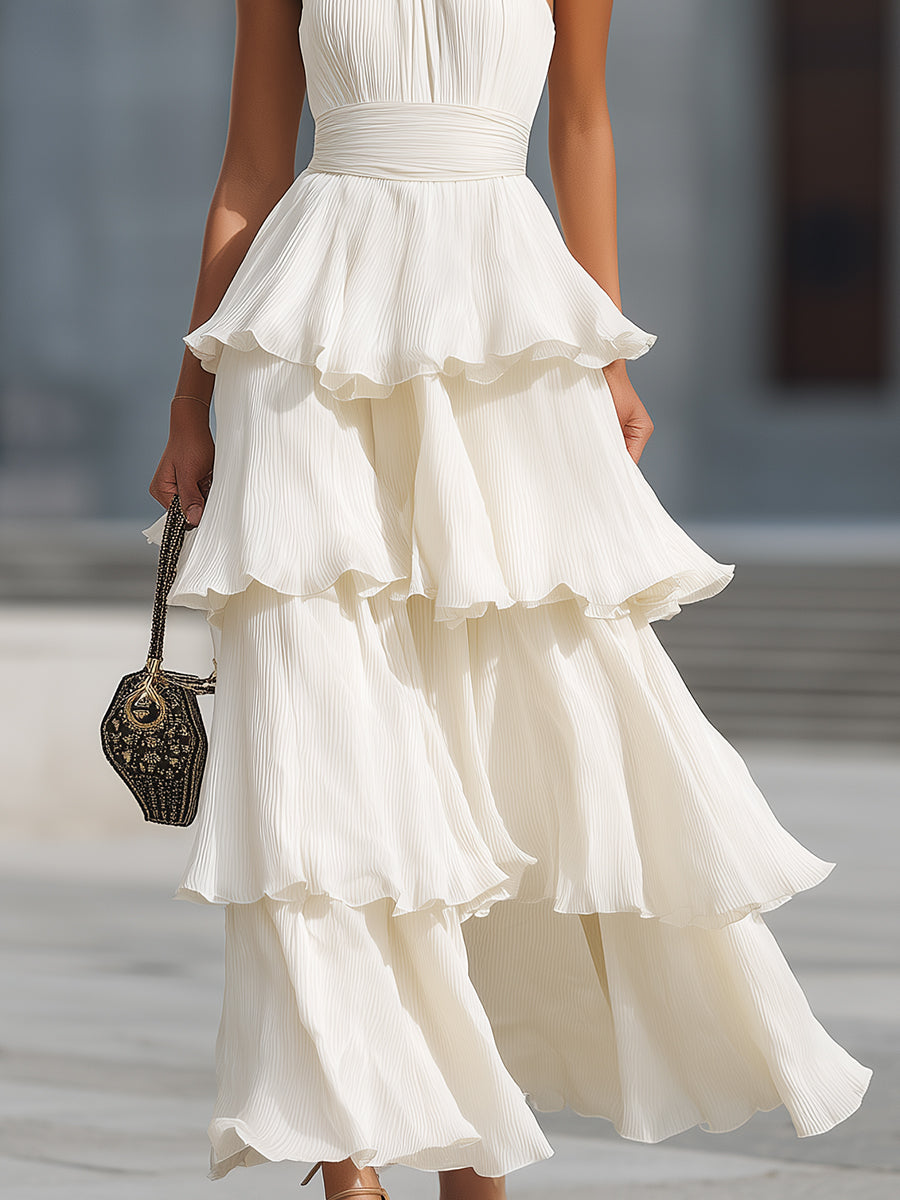 Muse & Valeur | Halter Neck Tiered Pleated Chiffon Maxi Dress