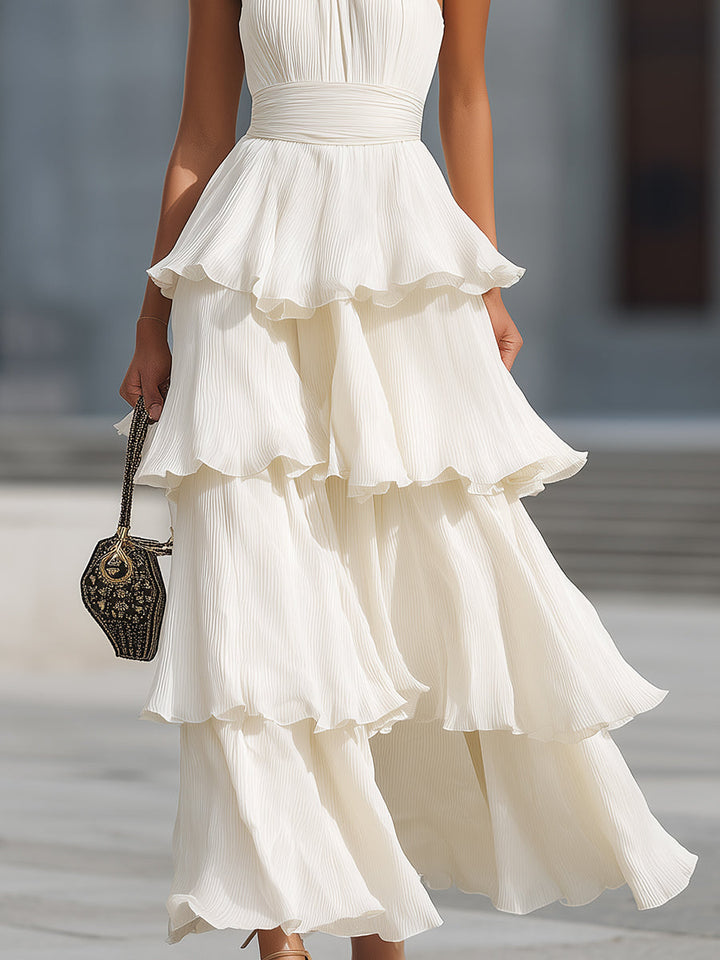 Muse & Valeur | Halter Neck Tiered Pleated Chiffon Maxi Dress