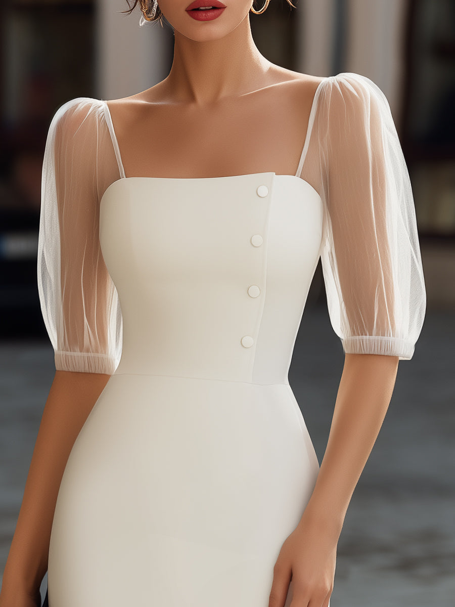 Muse & Valeur | Sheer Sleeve Button-Detail Square-Neck Midi Dress