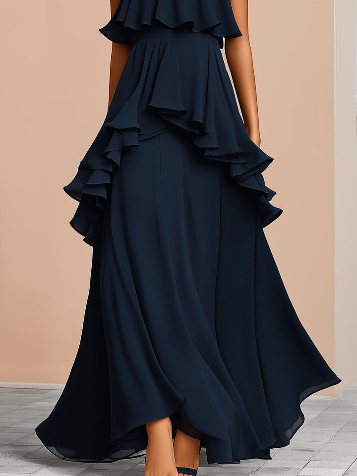 Muse & Valeur | Halter Neck Asymmetric Layered Ruffle Maxi Dress