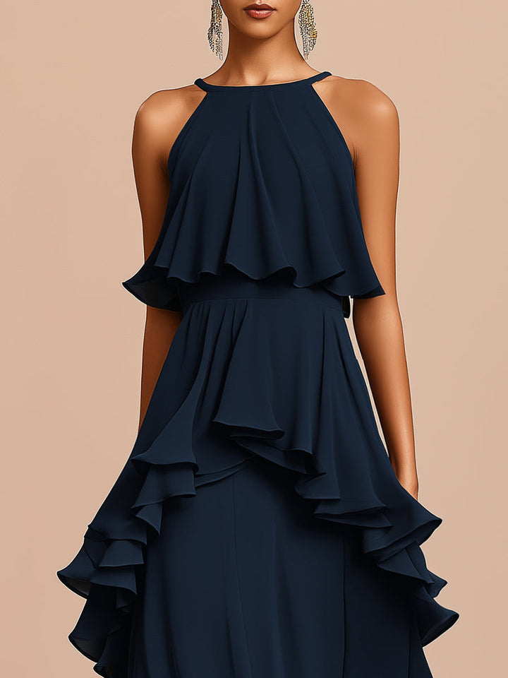 Muse & Valeur | Halter Neck Asymmetric Layered Ruffle Maxi Dress