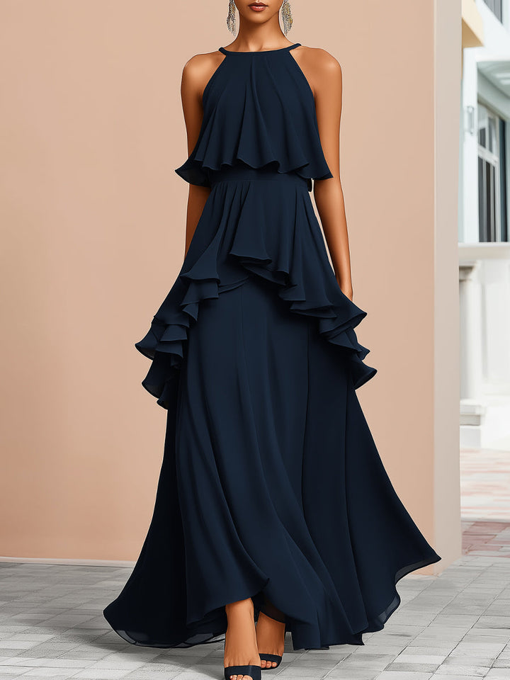 Muse & Valeur | Halter Neck Asymmetric Layered Ruffle Maxi Dress