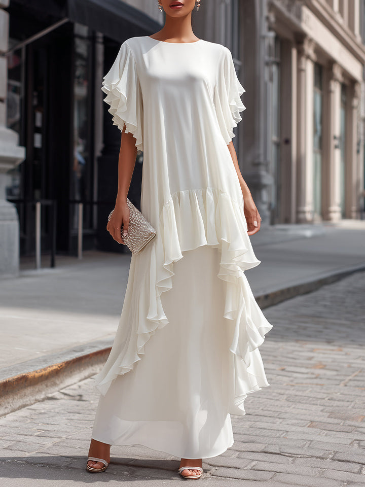 Muse & Valeur | Layered Ruffle Sleeve Asymmetric Tiered Maxi Dress