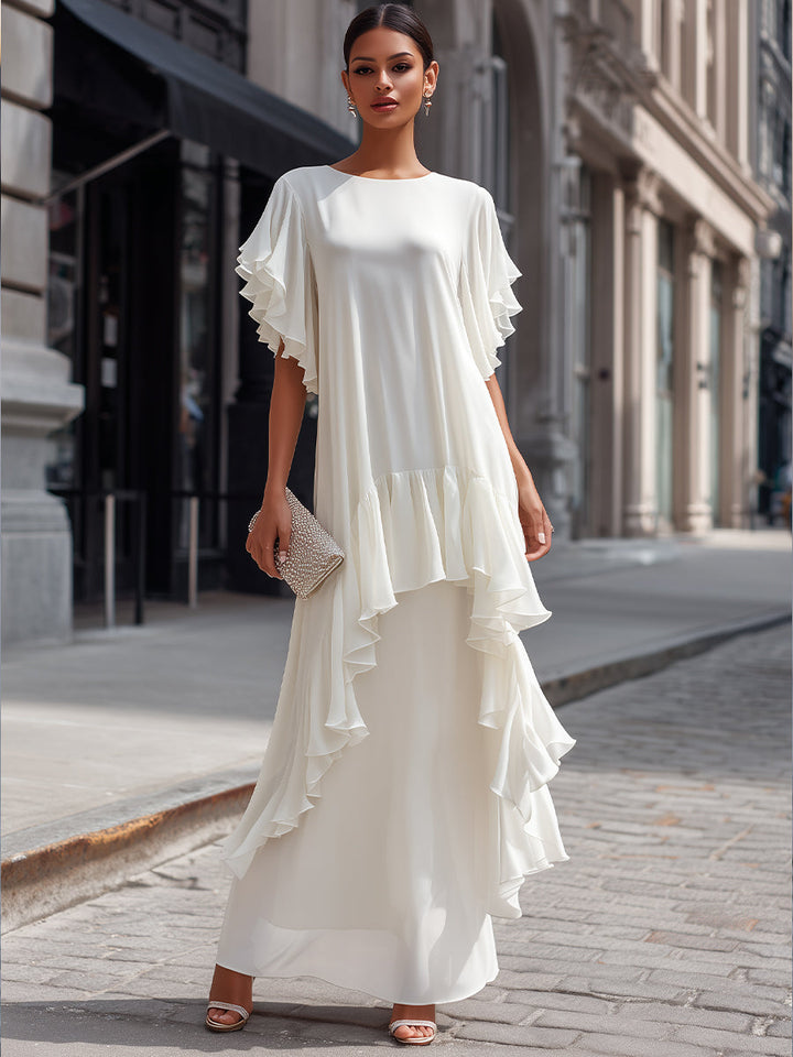 Muse & Valeur | Layered Ruffle Sleeve Asymmetric Tiered Maxi Dress