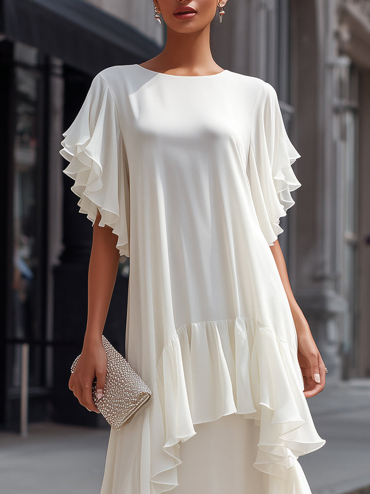 Muse & Valeur | Layered Ruffle Sleeve Asymmetric Tiered Maxi Dress