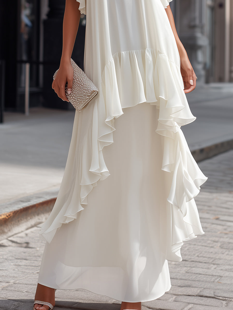 Muse & Valeur | Layered Ruffle Sleeve Asymmetric Tiered Maxi Dress