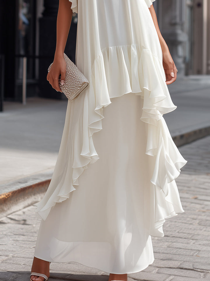 Muse & Valeur | Layered Ruffle Sleeve Asymmetric Tiered Maxi Dress