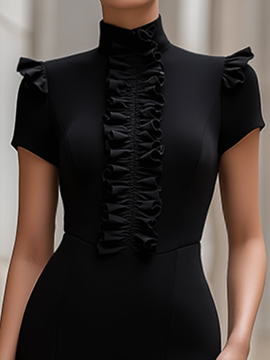 Muse & Valeur | High-Neck Ruffle Front Structured Pencil Midi Dress