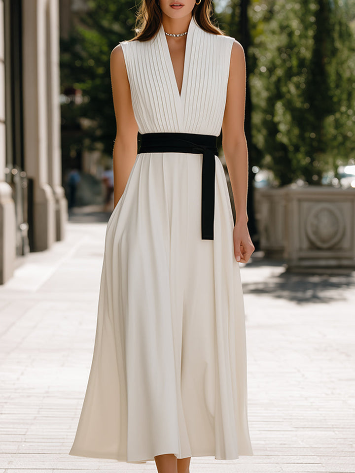 Muse & Valeur | Pleated V-Neck Sleeveless Waist-Tie Flowing Maxi Dress