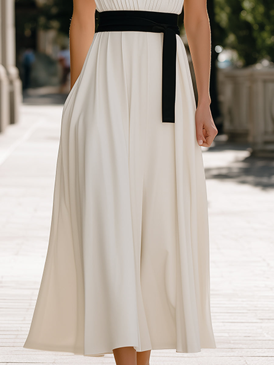 Muse & Valeur | Pleated V-Neck Sleeveless Waist-Tie Flowing Maxi Dress