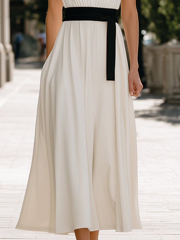 Muse & Valeur | Pleated V-Neck Sleeveless Waist-Tie Flowing Maxi Dress