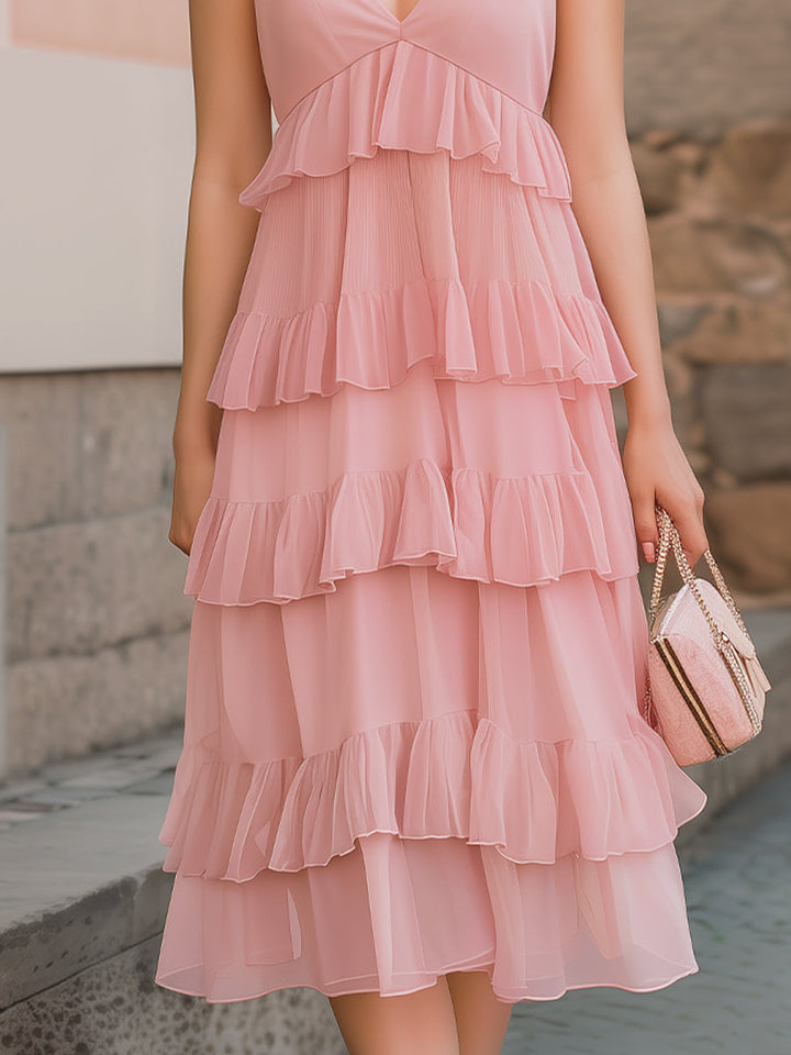 Muse & Valeur | Deep V-Neck Tiered Ruffle Chiffon Midi Dress