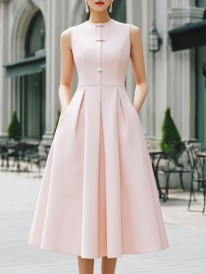 Muse & Valeur | Mandarin Collar Button-Front Sleeveless Pleated A-Line Maxi Dress