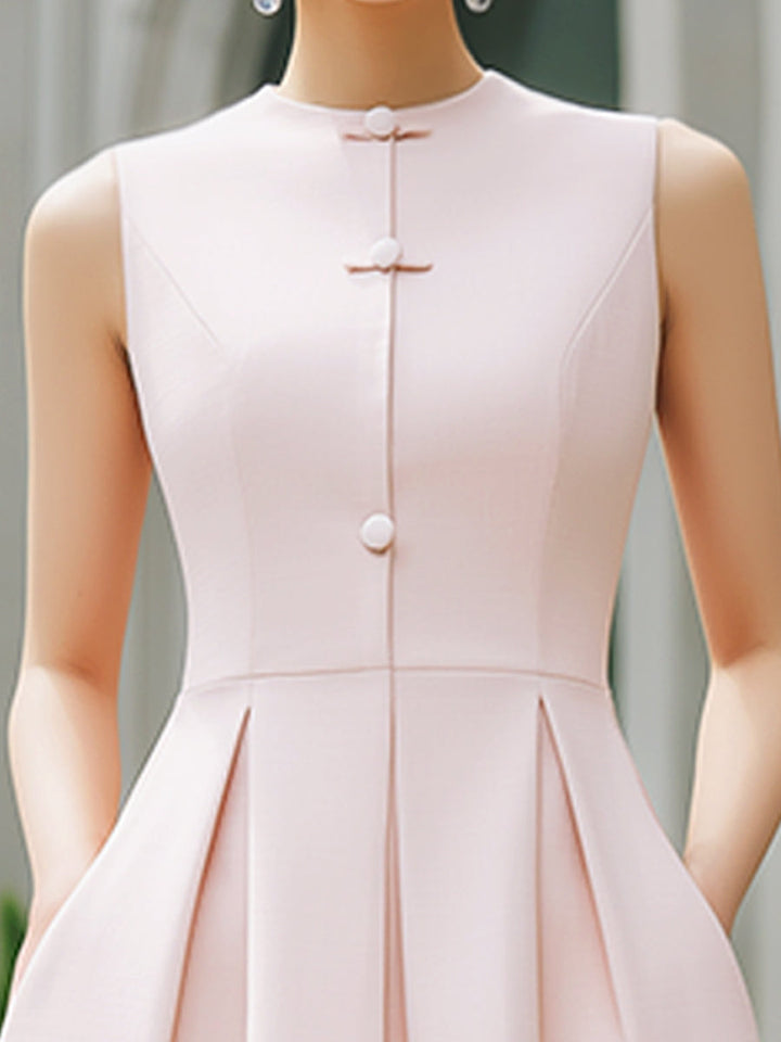 Muse & Valeur | Mandarin Collar Button-Front Sleeveless Pleated A-Line Maxi Dress