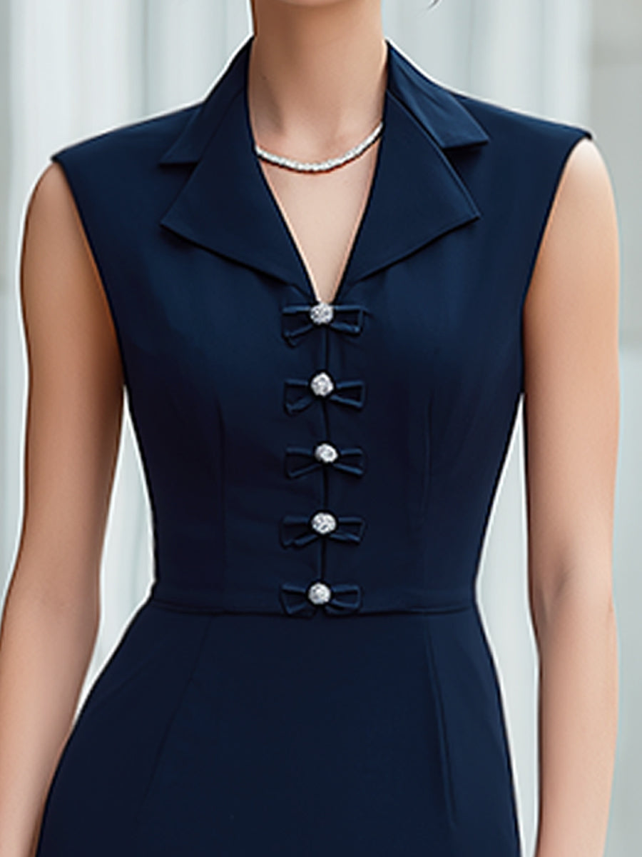 Muse & Valeur | Notched Collar Bow-Button Sleeveless Tailored Pencil Midi Dress