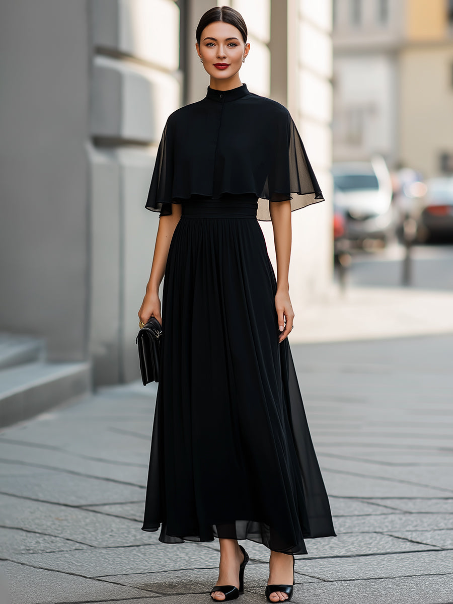 Muse & Valeur | Sheer Cape Sleeve High-Neck Midi Dress