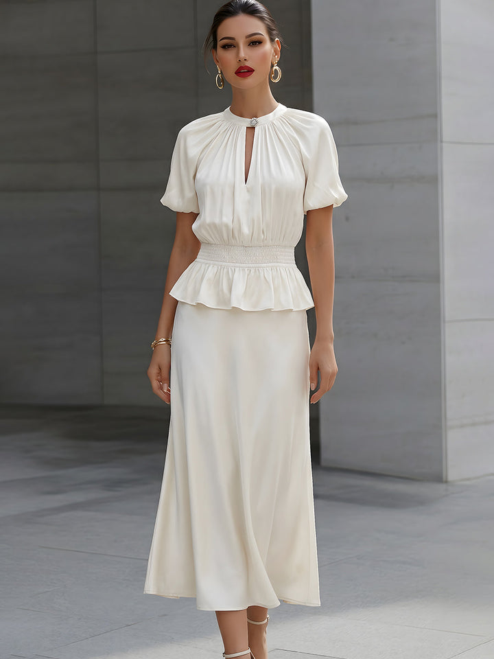Muse & Valeur | Satin Puff Sleeve Smocked Peplum Midi Dress