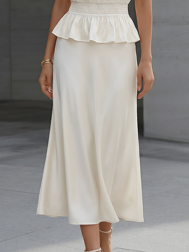 Muse & Valeur | Satin Puff Sleeve Smocked Peplum Midi Dress