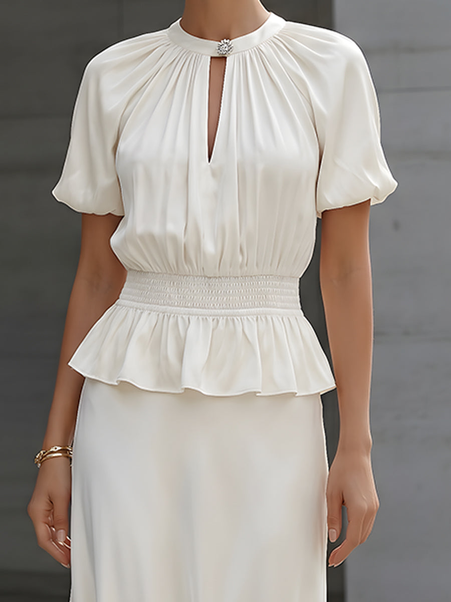 Muse & Valeur | Satin Puff Sleeve Smocked Peplum Midi Dress