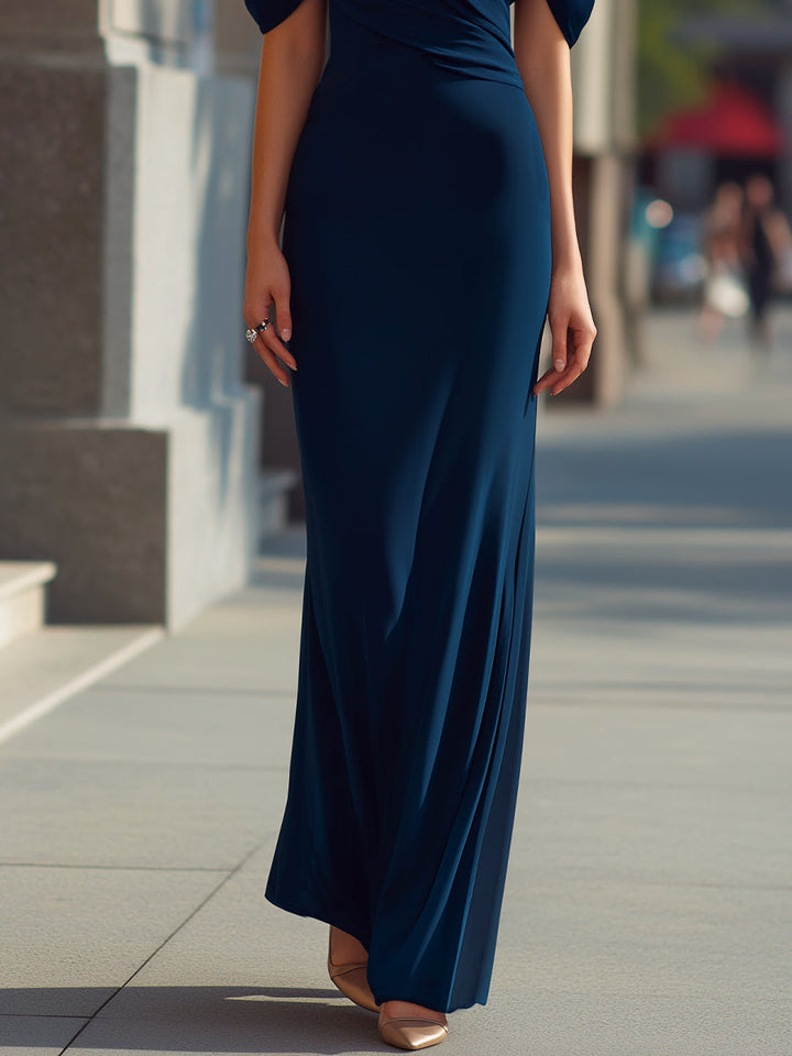 Muse & Valeur | Draped Cold-Shoulder Embellished Strap Elegant Maxi Dress