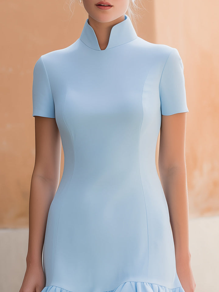 Muse & Valeur | Stand-Up Collar Short-Sleeve Ruffle Hem Bodycon Mini Dress