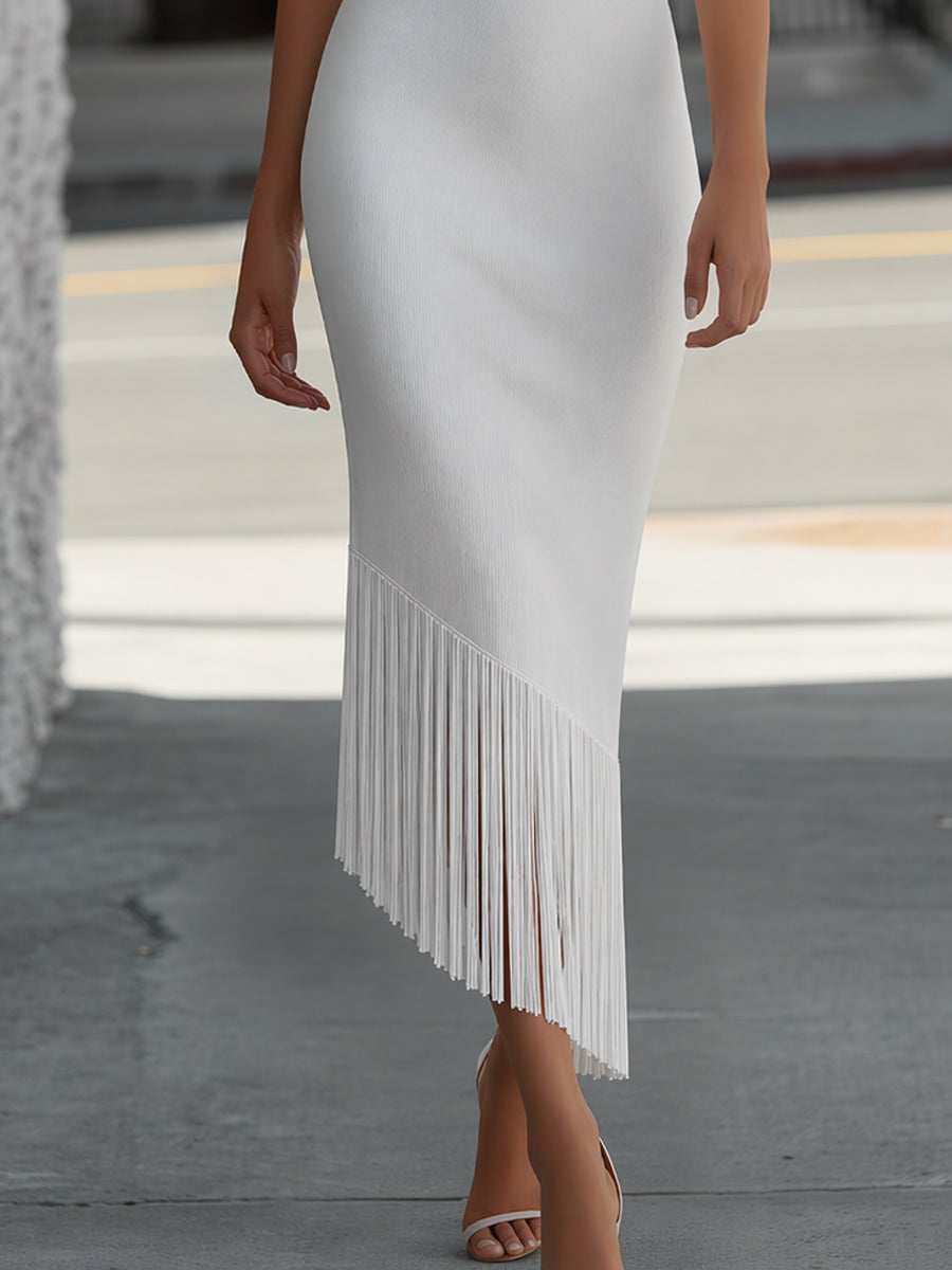Muse & Valeur | Draped Cowl Neck Knit Maxi Dress With Fringe Hem