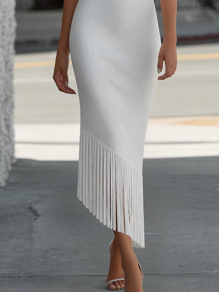 Muse & Valeur | Draped Cowl Neck Knit Maxi Dress With Fringe Hem