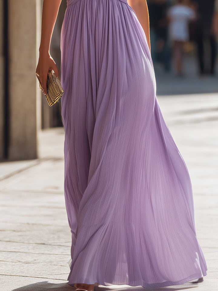 Muse & Valeur | Halter Neck Ruched Bodice Pleated Maxi Dress