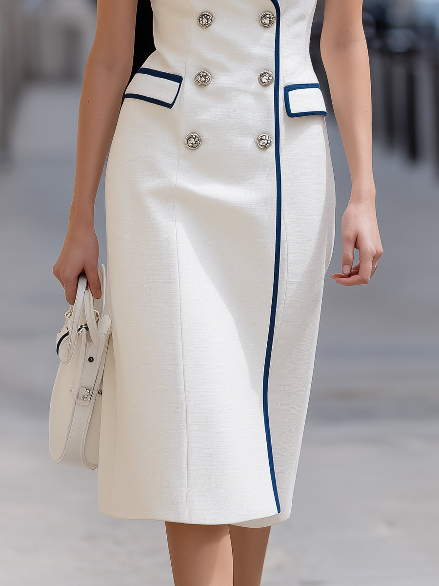 Muse & Valeur | Sleeveless Blazer Dress With Navy Contrast Trim