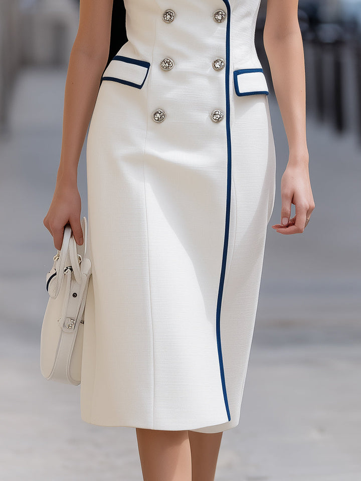 Muse & Valeur | Sleeveless Blazer Dress With Navy Contrast Trim
