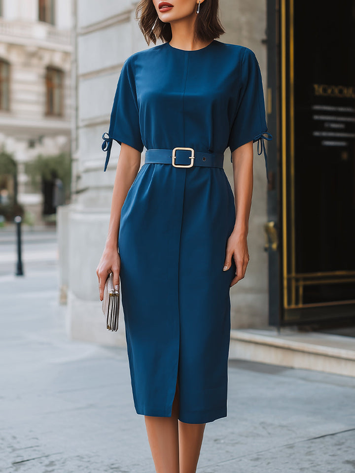 Muse & Valeur | Structured Tie-Sleeve Belted Midi Dress