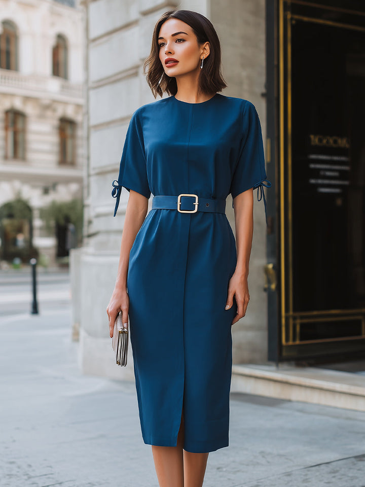 Muse & Valeur | Structured Tie-Sleeve Belted Midi Dress