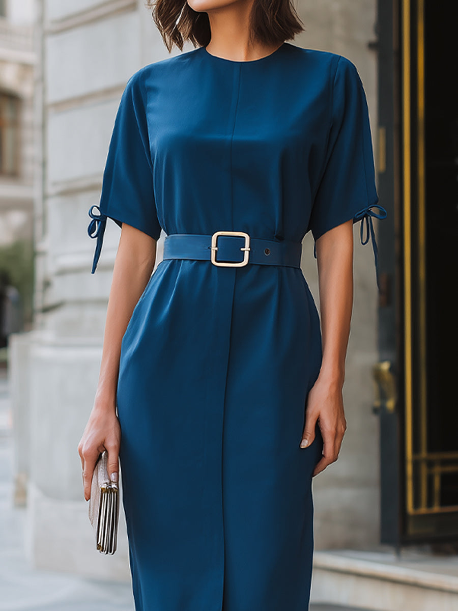 Muse & Valeur | Structured Tie-Sleeve Belted Midi Dress