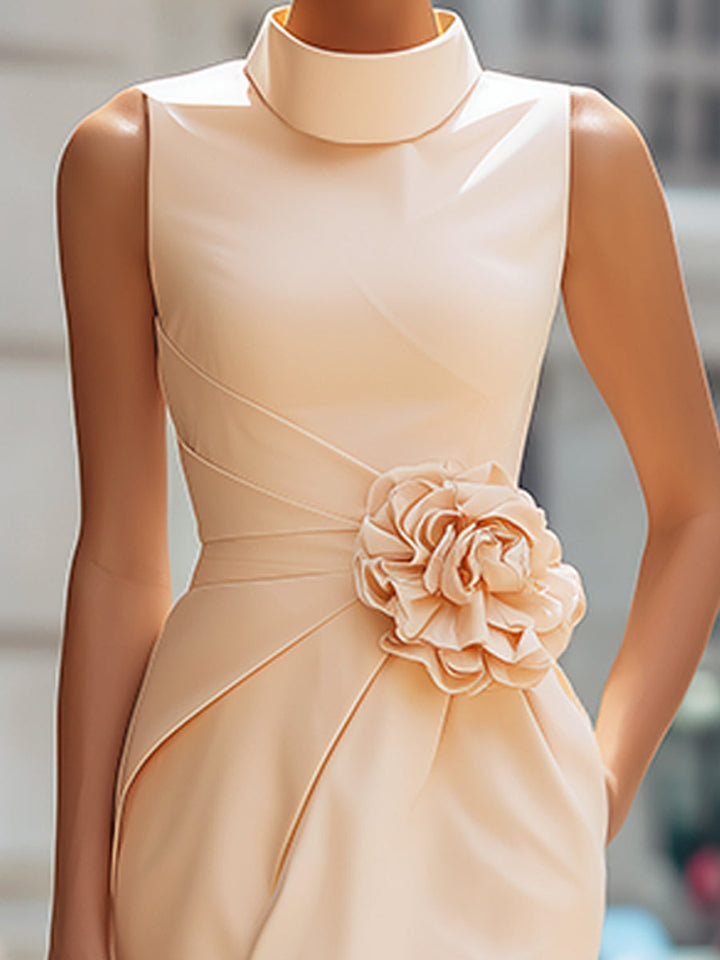 Muse & Valeur | High-Neck Floral Waist Detail Sleeveless Draped Midi Dress