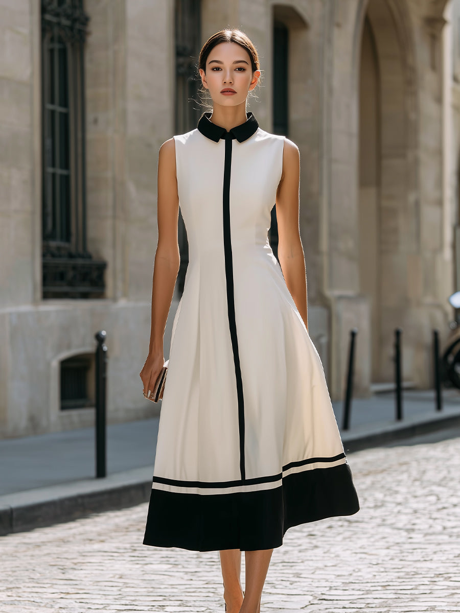 Muse & Valeur | Contrast Trim Sleeveless A-Line Maxi Dress With Structured Collar