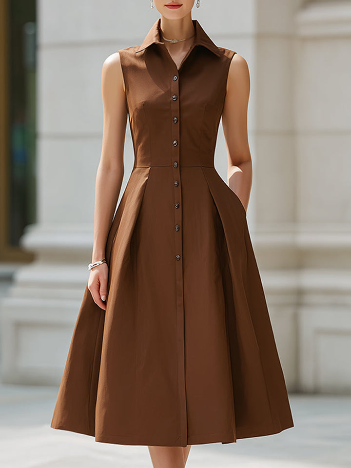 Muse & Valeur | Sleeveless Button-Front Collared A-Line Midi Shirt Dress