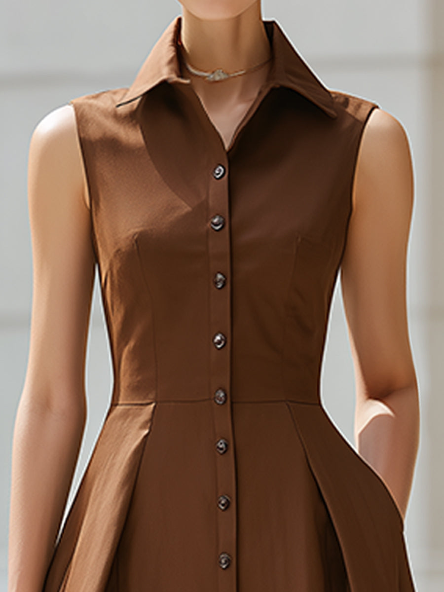 Muse & Valeur | Sleeveless Button-Front Collared A-Line Midi Shirt Dress