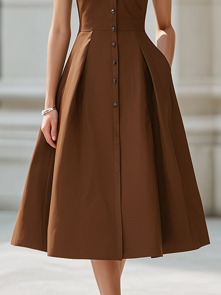 Muse & Valeur | Sleeveless Button-Front Collared A-Line Midi Shirt Dress