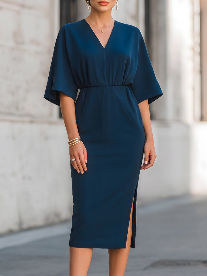 Muse & Valeur | V-Neck Relaxed Sleeve Waist-Defined Midi Dress