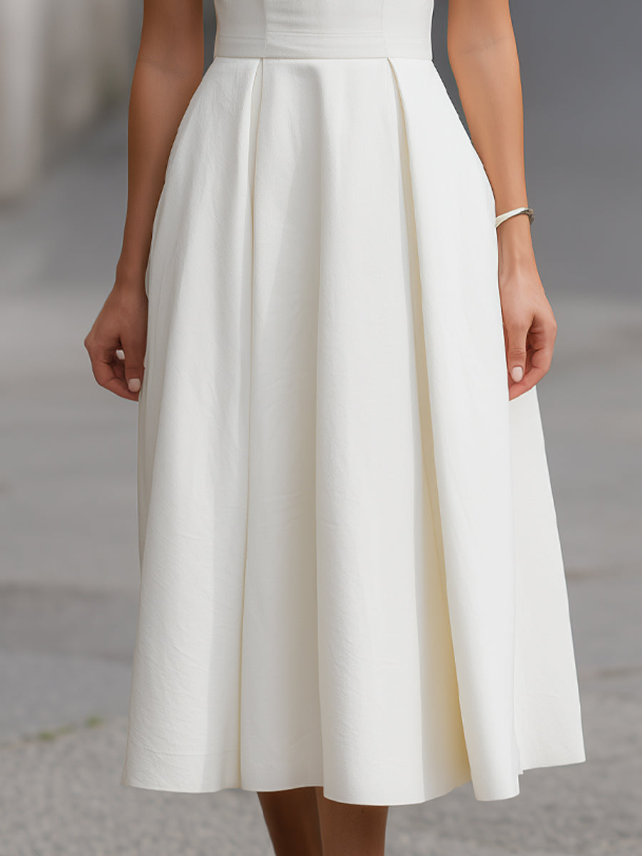 Muse & Valeur | Structured V-Neck Short Sleeve A-Line Midi Dress