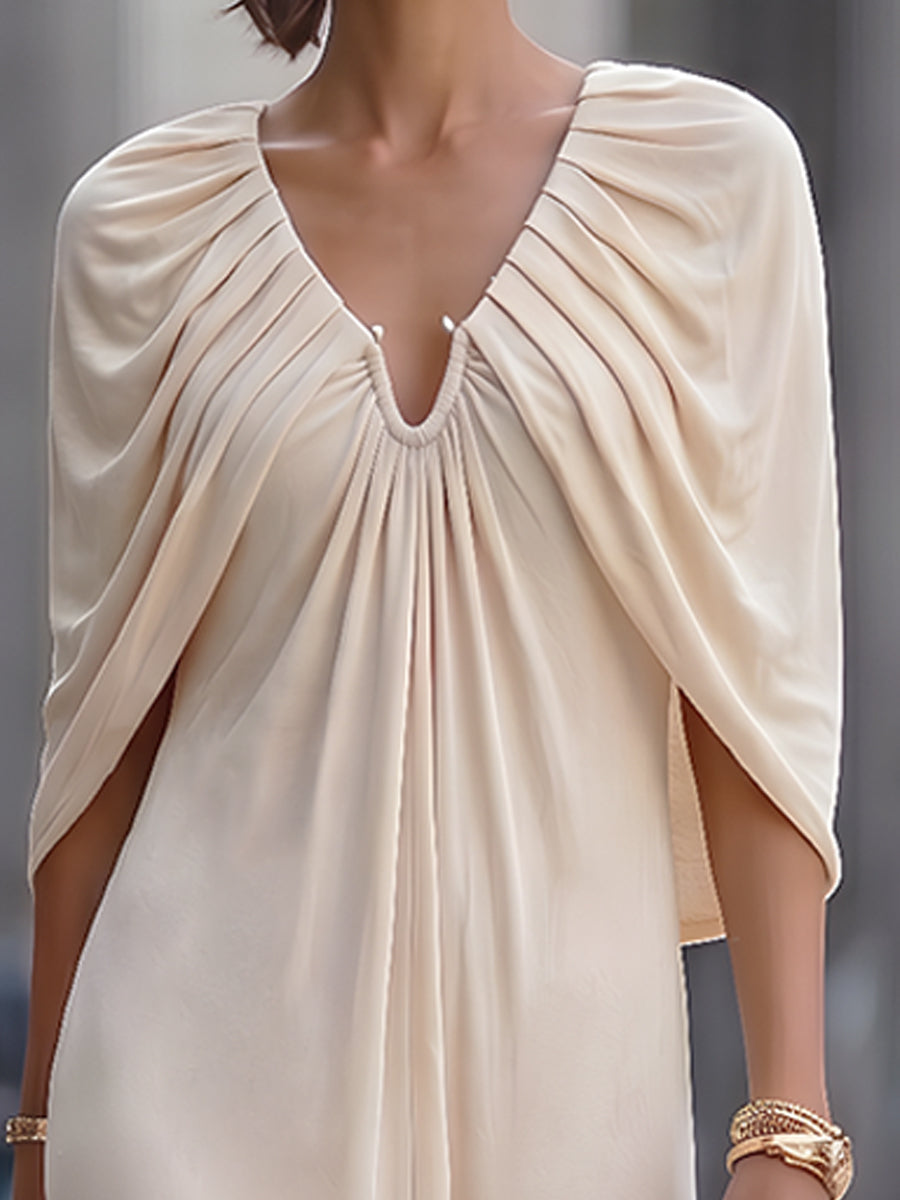 Muse & Valeur | Pleated Cape Sleeve Draped Maxi Dress