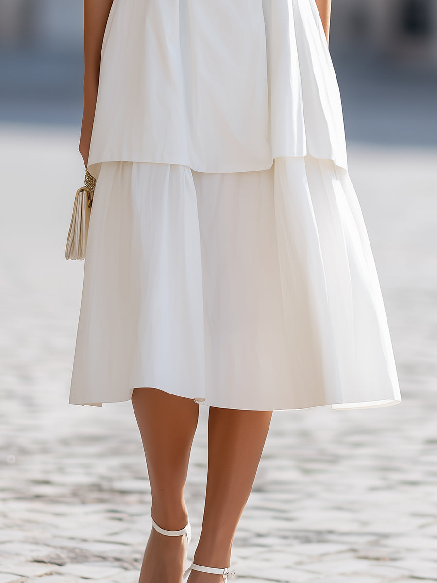 Muse & Valeur | White Round Neck Sleeveless Tiered A-Line Midi Dress
