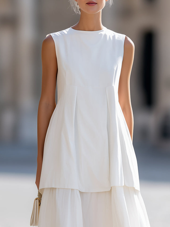 Muse & Valeur | White Round Neck Sleeveless Tiered A-Line Midi Dress
