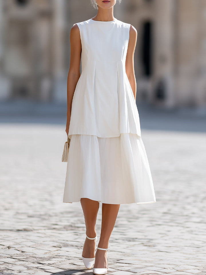 Muse & Valeur | White Round Neck Sleeveless Tiered A-Line Midi Dress