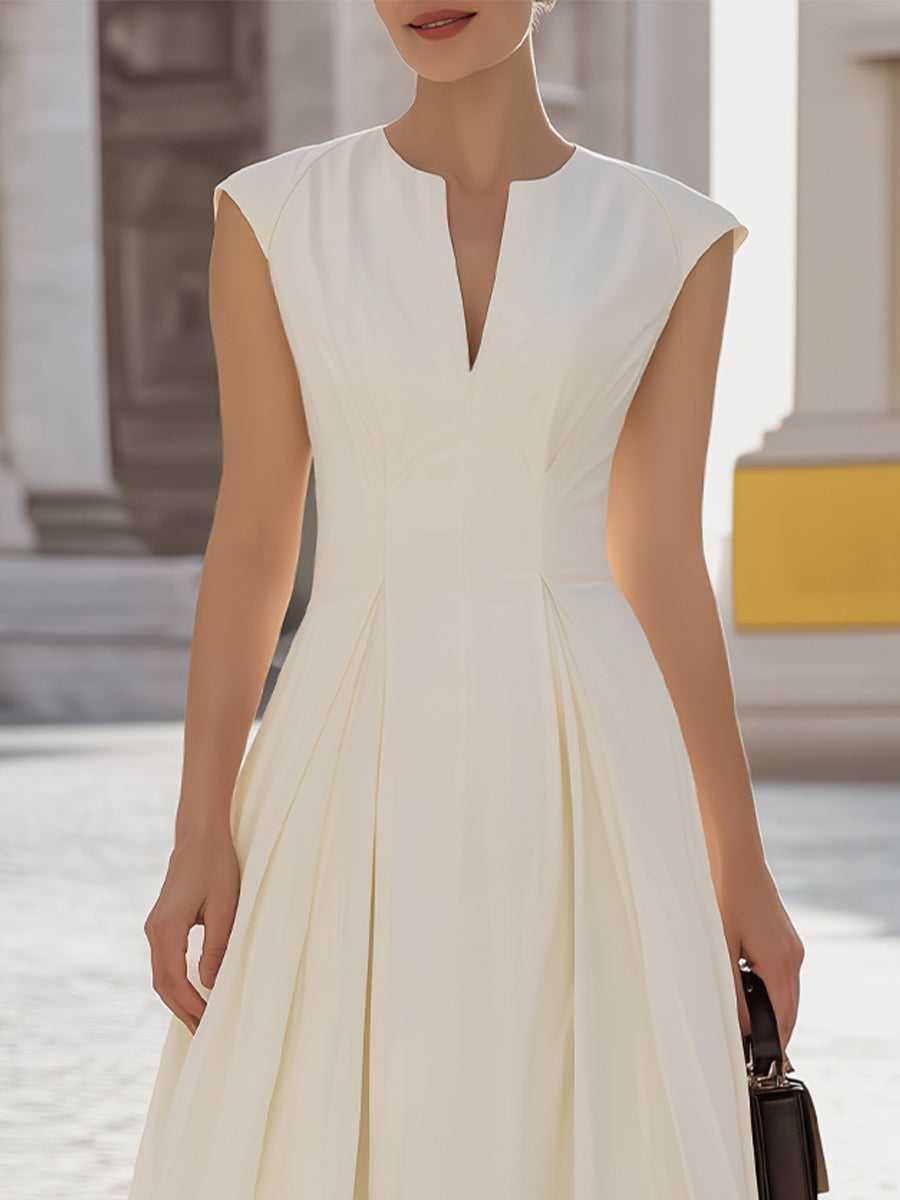 Muse & Valeur | Notch-Neck Cap-Sleeve Pleated A-Line Midi Dress