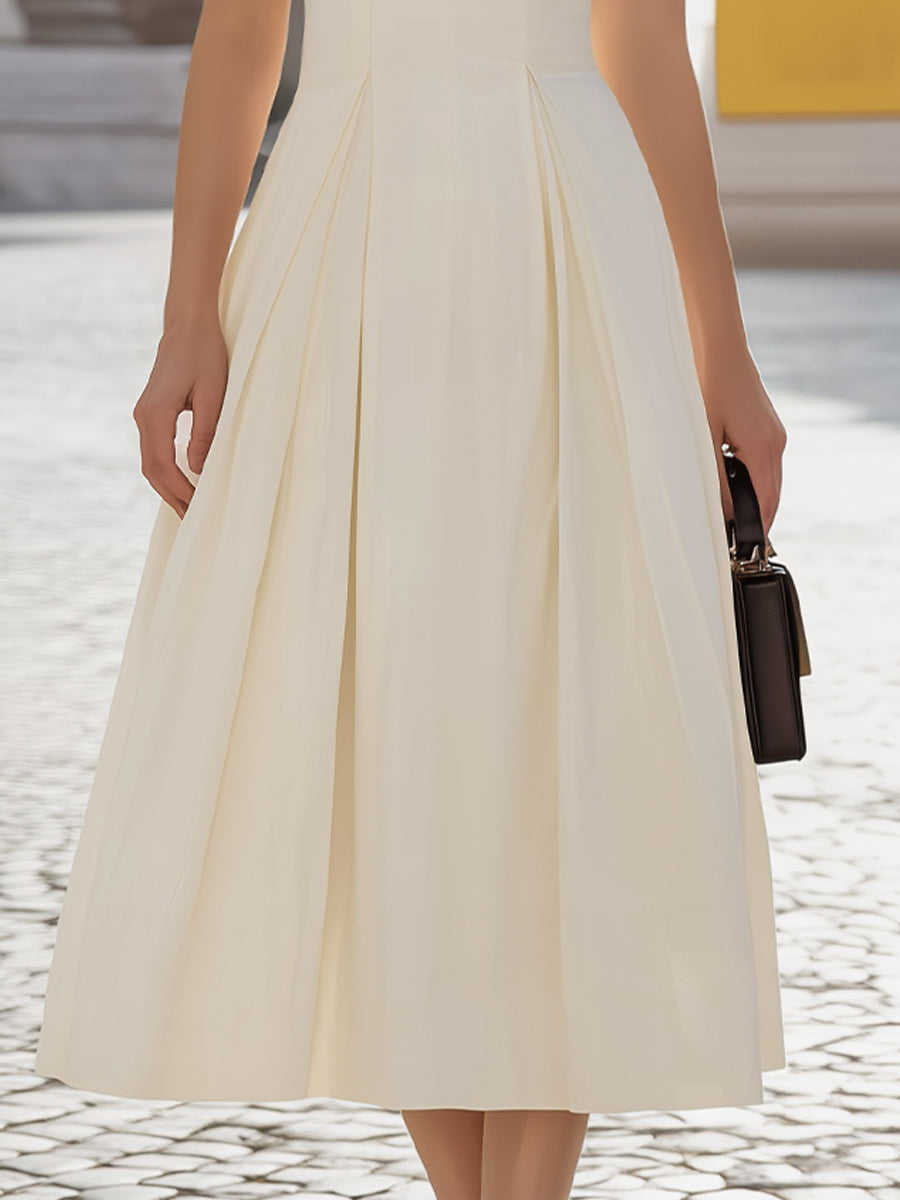Muse & Valeur | Notch-Neck Cap-Sleeve Pleated A-Line Midi Dress