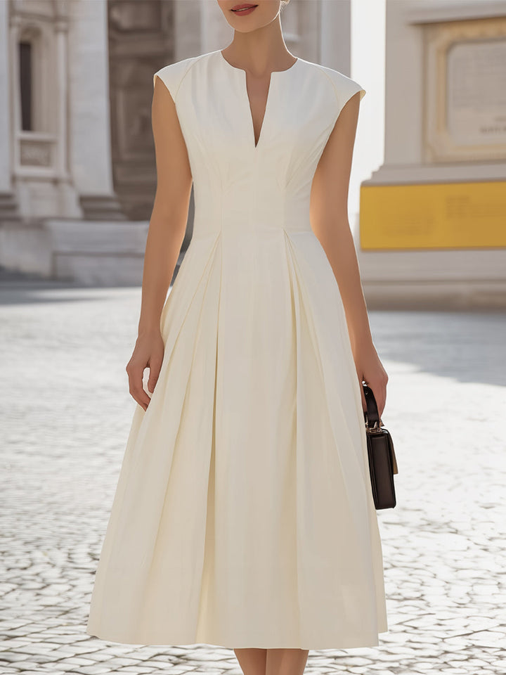 Muse & Valeur | Notch-Neck Cap-Sleeve Pleated A-Line Midi Dress
