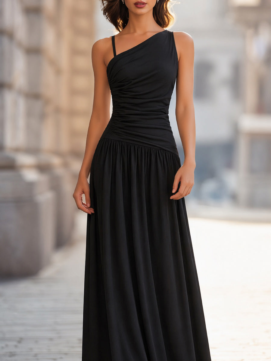 Muse & Valeur | One-Shoulder Ruched Bodice Flowing Maxi Dress